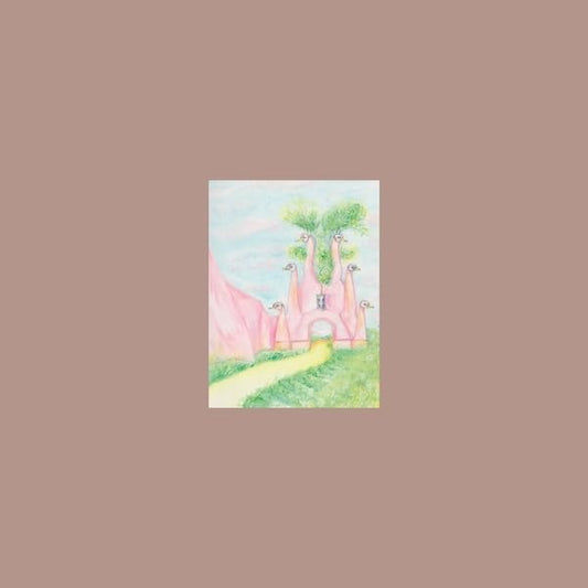 Pink fairytale castle illustration on a vinyl record cover.