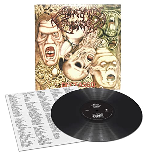 Vinyl record and insert for “Accidental Suicide - Deceased” with grotesque cover art.