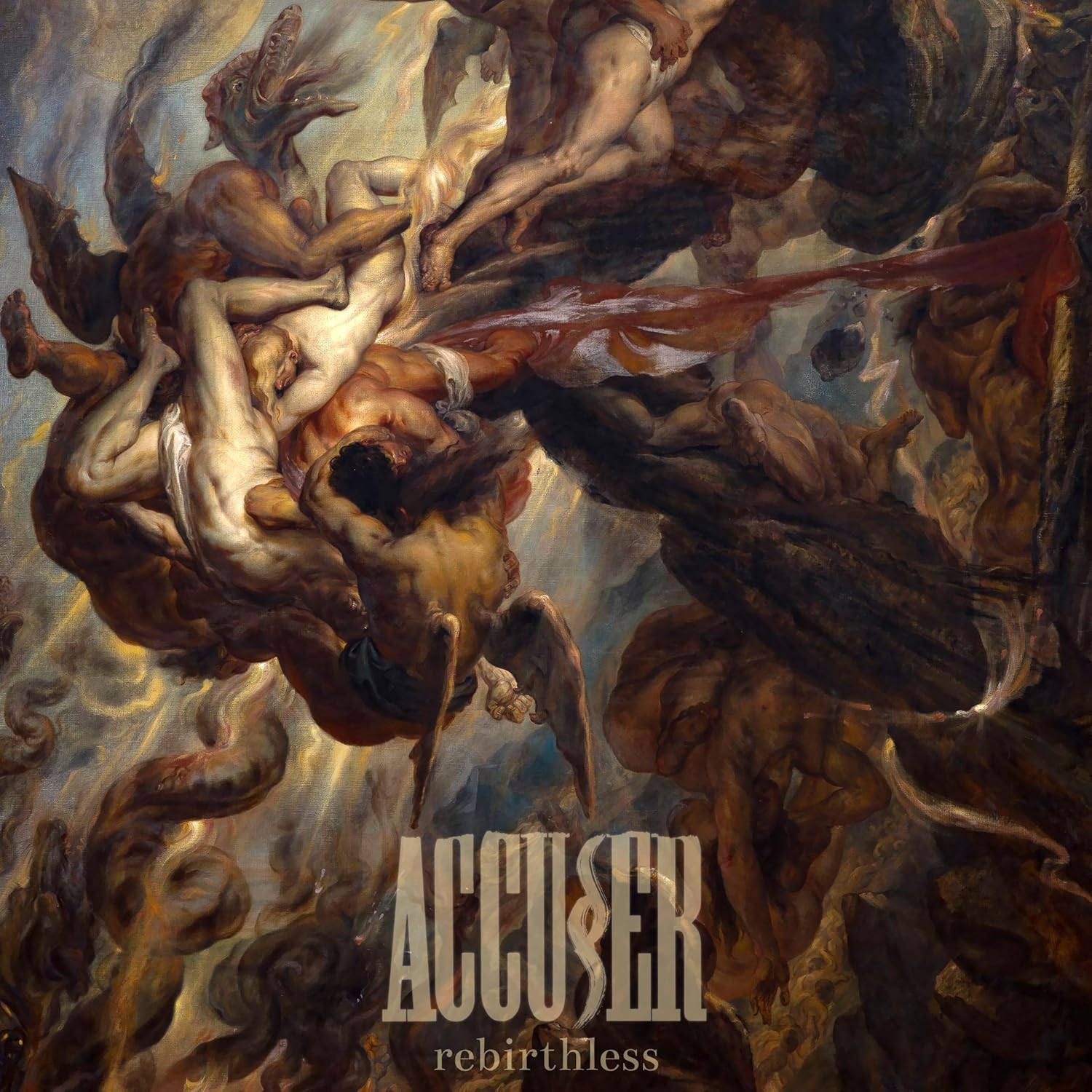 Painting of intertwined nude figures falling amidst dark, swirling clouds.