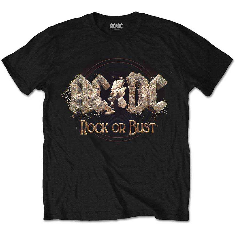 Man wearing a heather grey AC/DC band logo t-shirt.