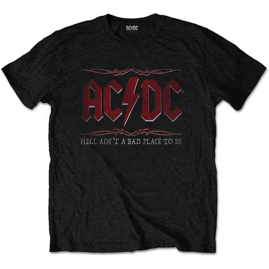 Black AC/DC t-shirt with red logo, worn by a man.