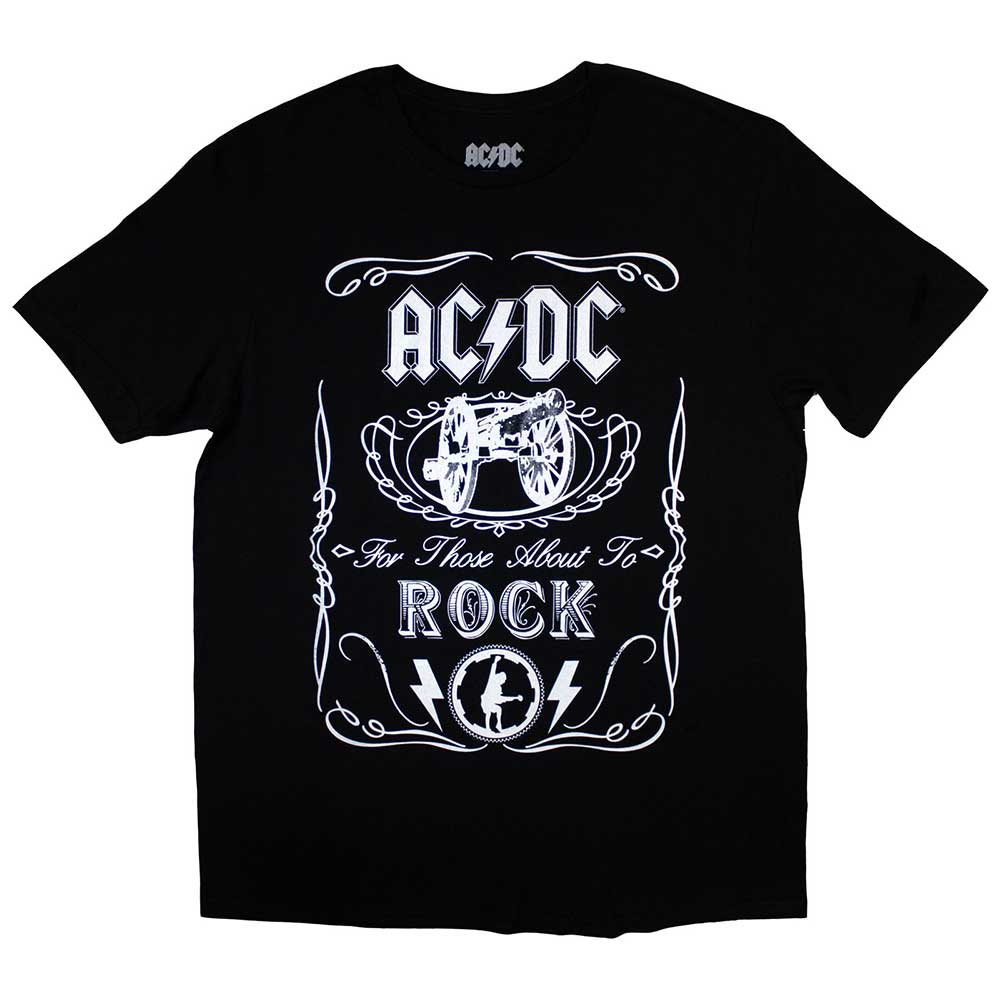 Black AC/DC kids t-shirt with vintage cannon and text graphic.