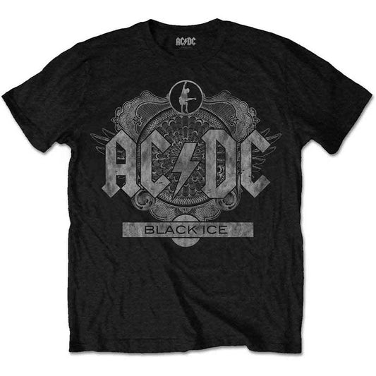 Black AC/DC t-shirt with band logo and “Black Ice” text displayed.