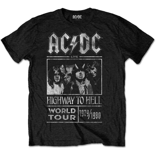 Black AC/DC t-shirt with "Highway to Hell" tour graphic, worn by a man.