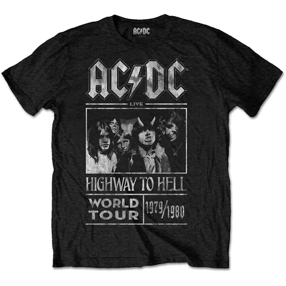 Black AC/DC t-shirt with "Highway to Hell" tour graphic, worn by a man.