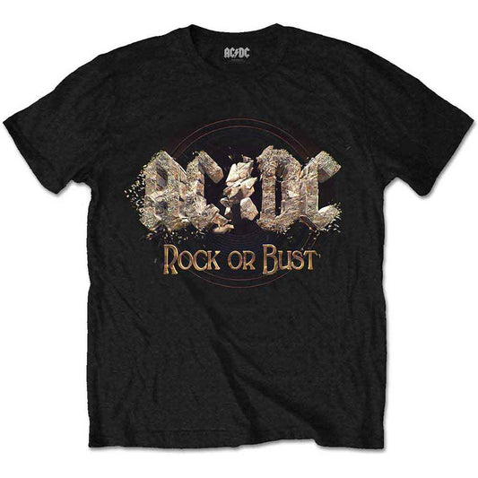 Black AC/DC t-shirt with distressed "Rock or Bust" logo print.