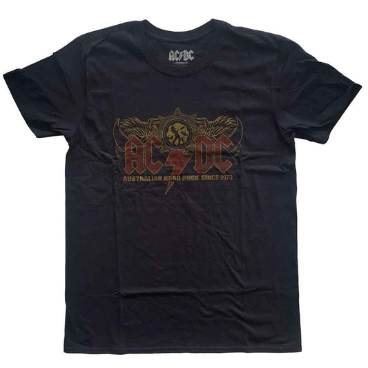 Man wearing a black AC/DC band t-shirt with detailed graphic.