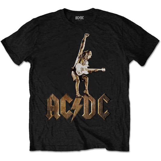 Black t-shirt with a graphic of AC/DC’s Angus Young playing guitar.