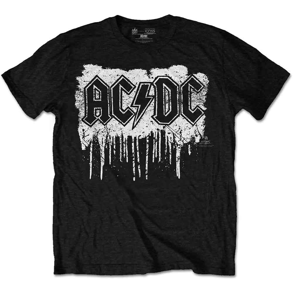 Man wearing a black AC/DC t-shirt with dripping logo design.