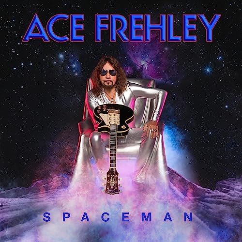 Ace Frehley portrait with guitar, set against a space background.