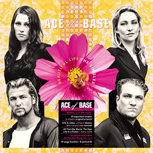 Album cover for Ace of Base featuring four band members and a large pink flower.