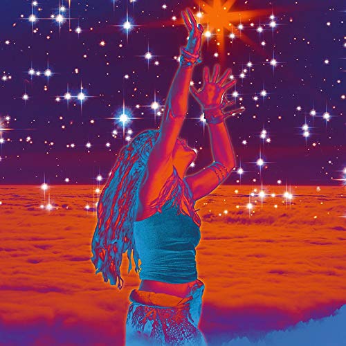The image depicts a woman reaching for stars on a vibrant album cover.
