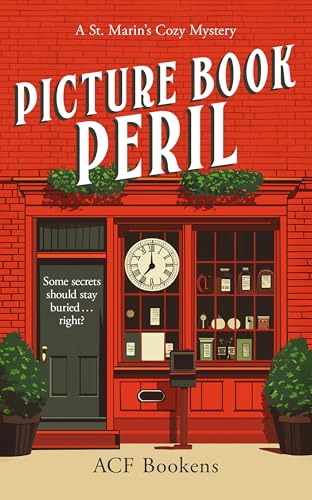 Book cover illustration of a red brick storefront with a clock and potted plants.