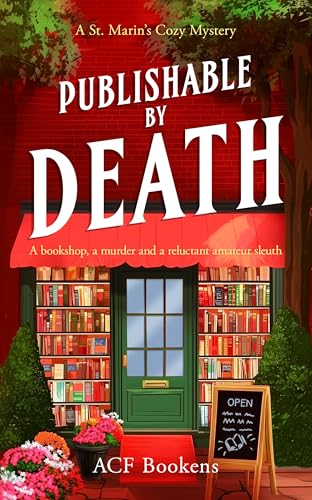 Book cover: red building with bookstore facade, flowers, and “Publishable By Death” title.