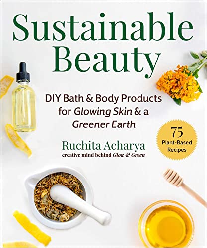 Book cover with ingredients, mortar and pestle, and text: "Sustainable Beauty".