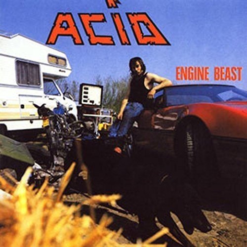 "Album cover with man on red car, dog, and camper, against a blue sky."