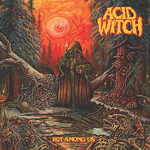 A hooded witch stands in a forest with skulls, snakes, and a giant eye.
