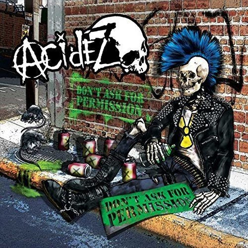 Punk skeleton with blue mohawk leaning against a brick wall with graffiti.