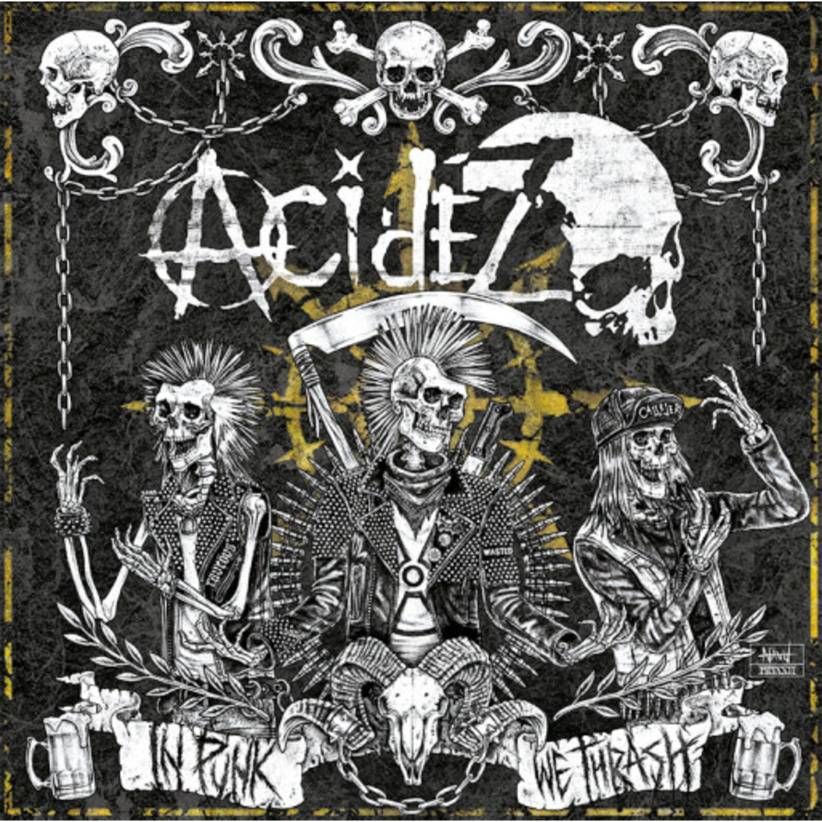 Black and white album cover with skeletons, skulls, and the band name "Acidez.