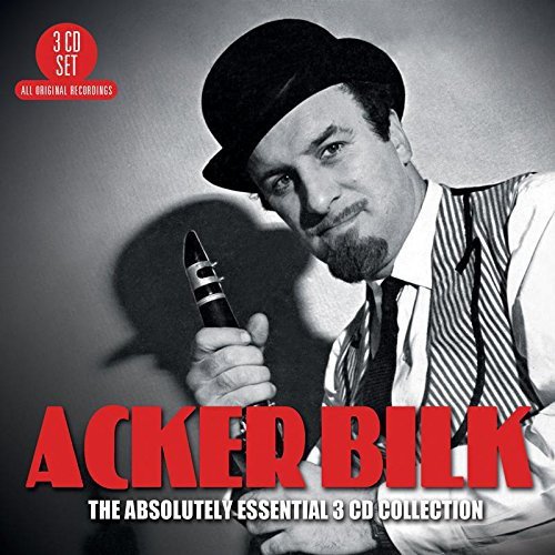 Black and white image of Acker Bilk holding a clarinet, with red and white text overlay.