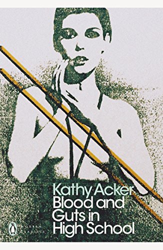 "Book cover with a woman holding bloody sticks, title 'Blood and Guts in High School'."