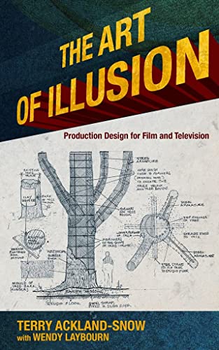 Book cover: film & TV production design, illustrated, colorful, technical.