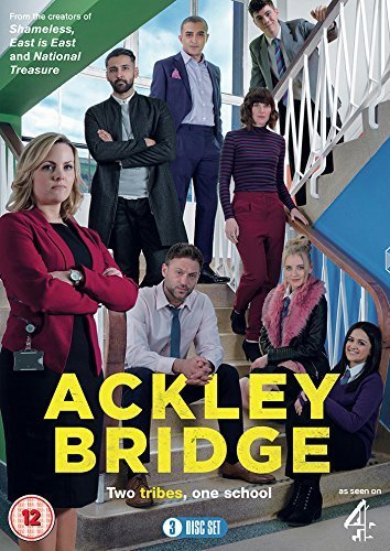 Alt text: "Group of seven people on stairs, 'Ackley Bridge: Series 1' DVD cover."