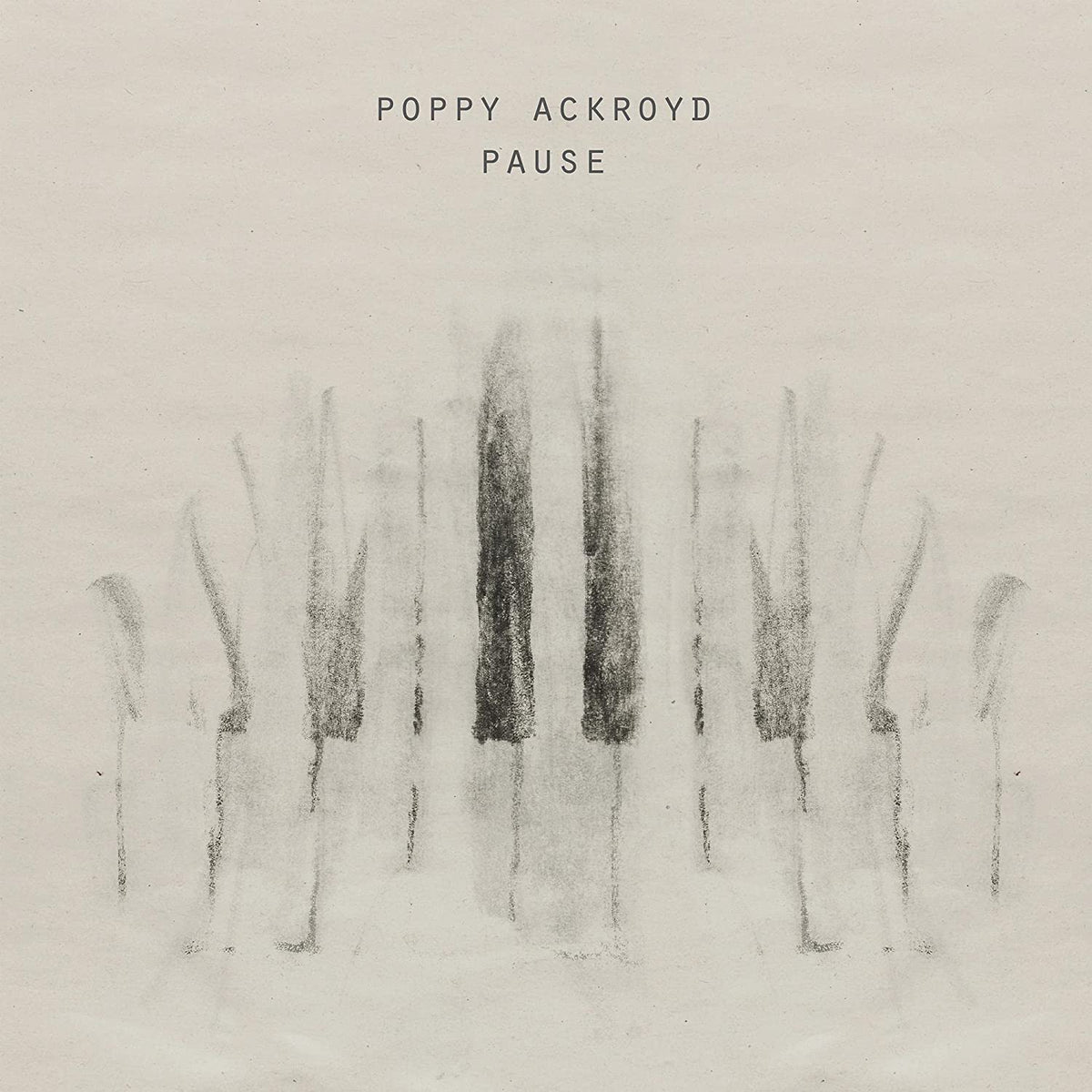 Album cover with artist name and title, featuring abstract, charcoal-like, vertical strokes.