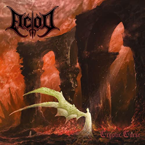 Dark fantasy album cover with a dragon and fiery, ruined architecture.