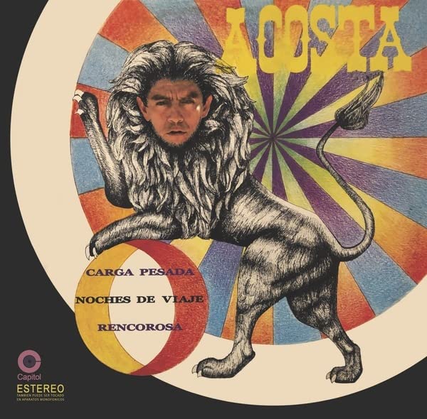 Vinyl record cover: man with a lion’s mane against a colorful, radial background.