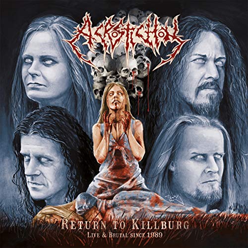 CD cover for Acrostichon’s “Return To Killburg,” featuring distressed figures and skulls.