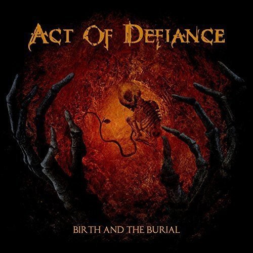Album cover: skeletal hands cradle a fetal form in fiery red.