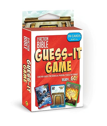 Red "Action Bible Guess-It Game" box with 99 cards and biblical scenes.
