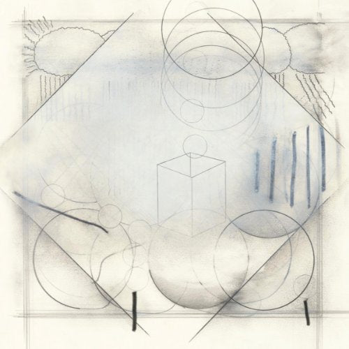 Abstract pencil sketch featuring a central cube, overlapping circles, and faint blue shading.