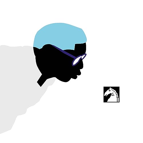 Profile of a person with blue hair and sunglasses, white background.