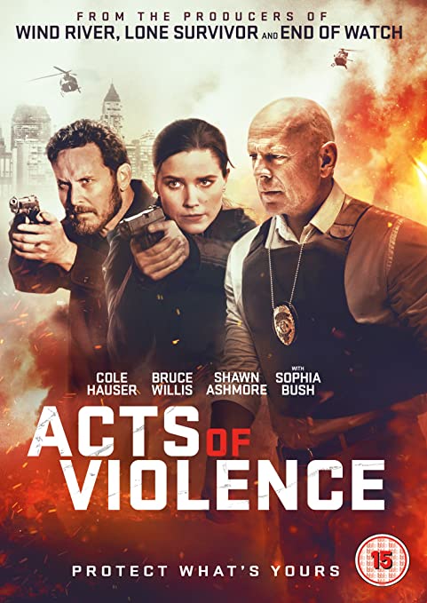 DVD cover for "Acts of Violence" featuring three actors holding guns, set against an explosion.