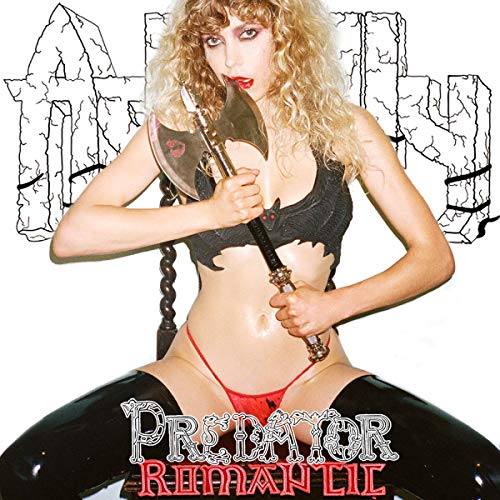 Woman with axe, black lingerie, and stylized "Predator Romantic" text.