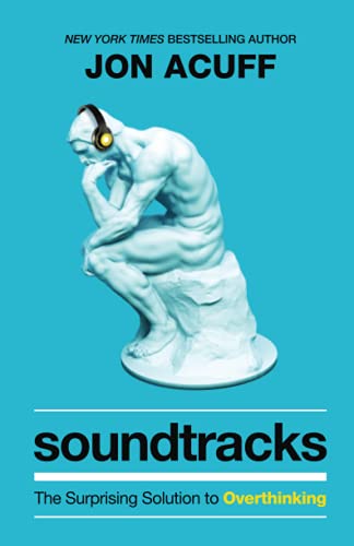 Book cover featuring The Thinker statue wearing headphones on a bright blue background.