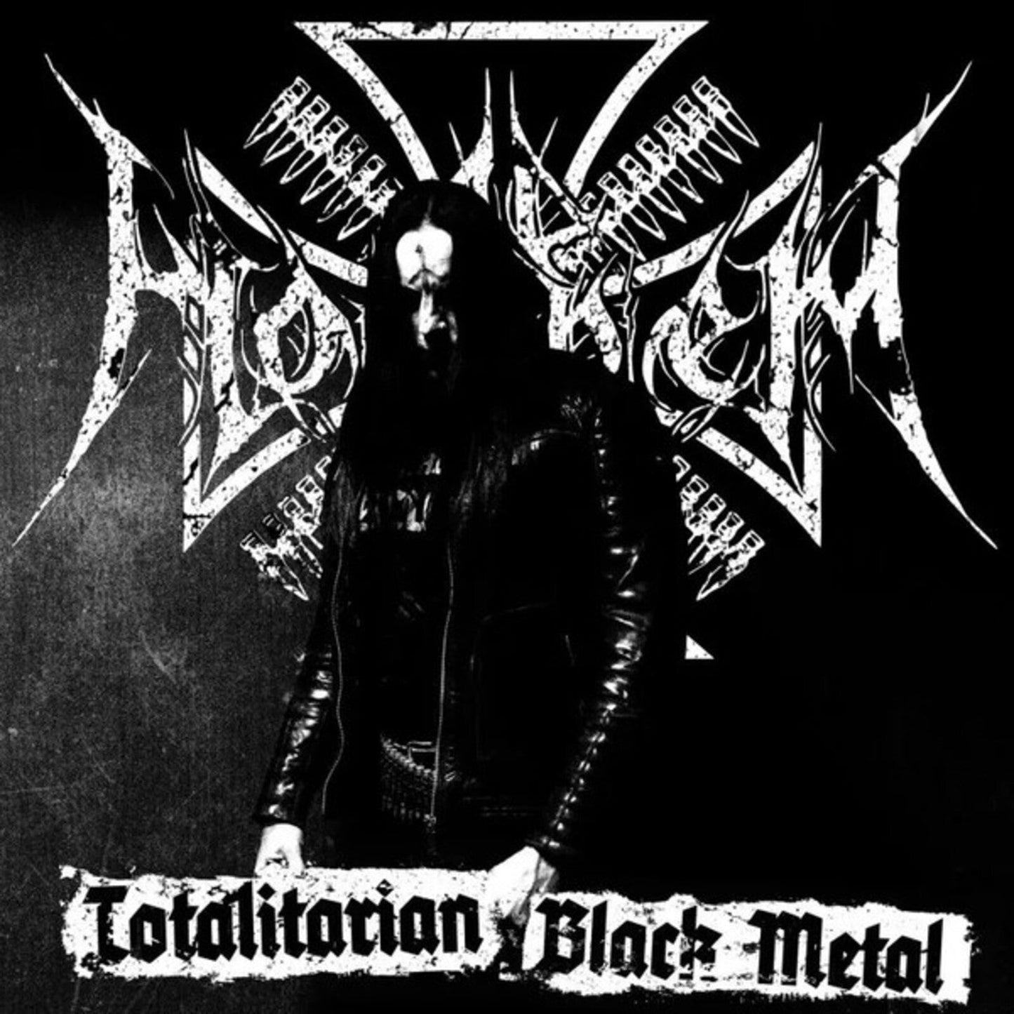 Black and white CD cover featuring a person with corpse paint and dark imagery.
