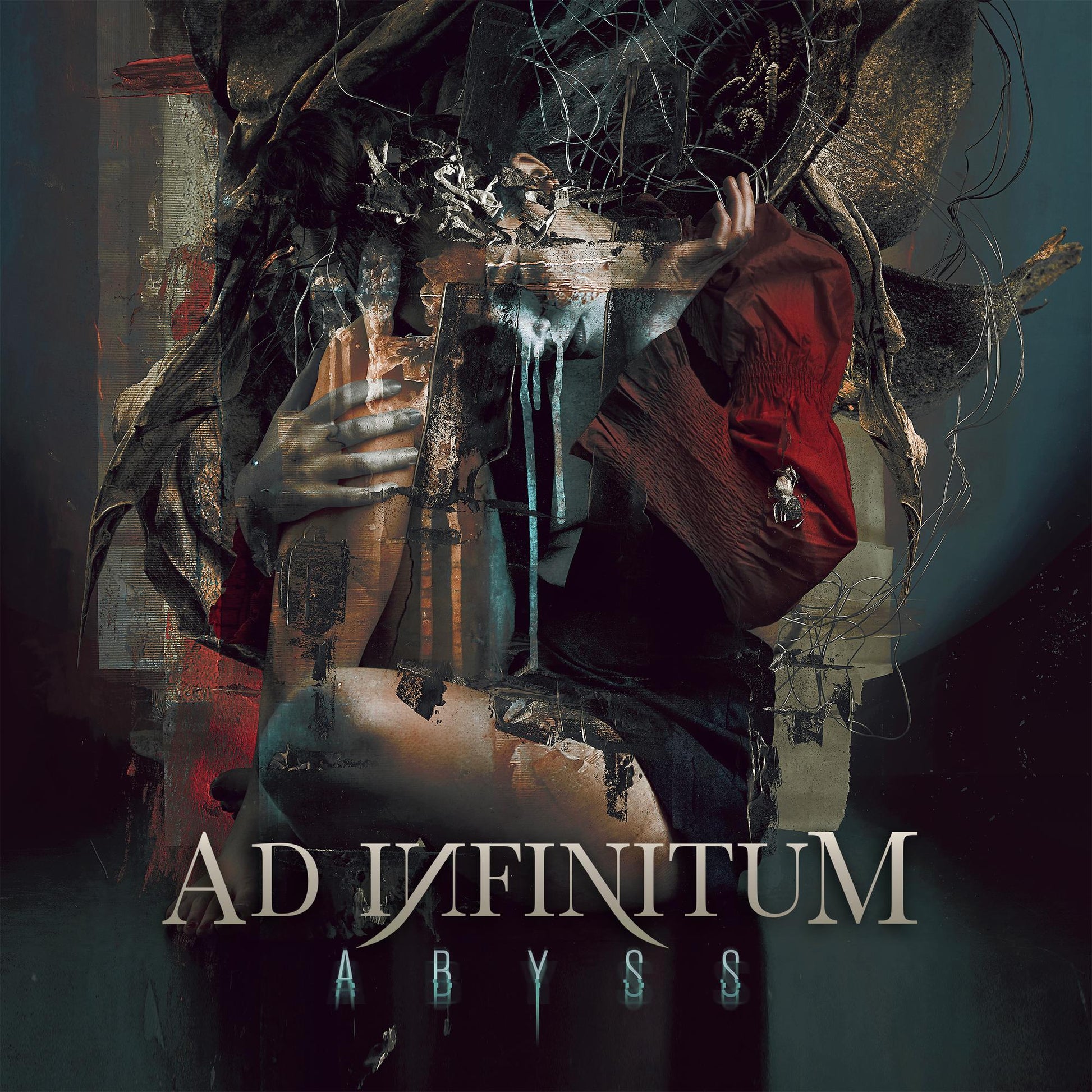 Surreal digital art of a person in red sleeves surrounded by dark, abstract debris.