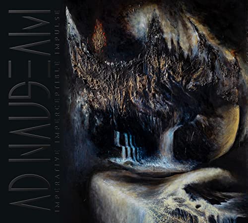 Dark, abstract painting of a skull-like form with flowing textures.