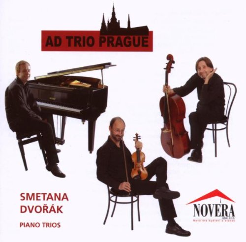 Classical musicians with piano, cello, and violin; CD cover art.