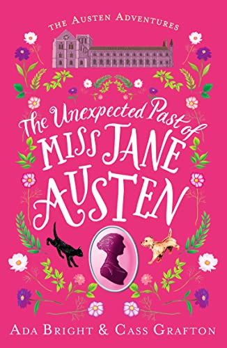 Book cover with floral design, silhouette, dog, and building illustration.