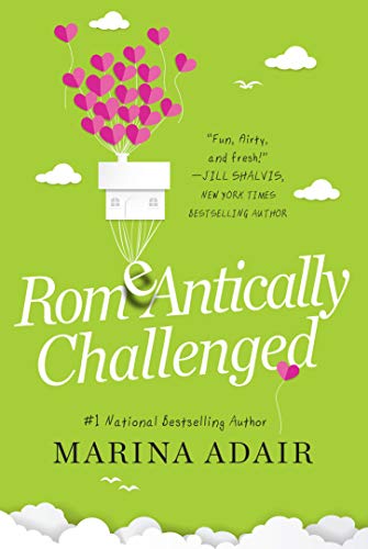 Book cover with pink hearts, a house-shaped balloon, and title "Romantically Challenged".