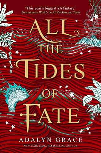 Book cover: “All the Tides of Fate” with red waves and floral designs.