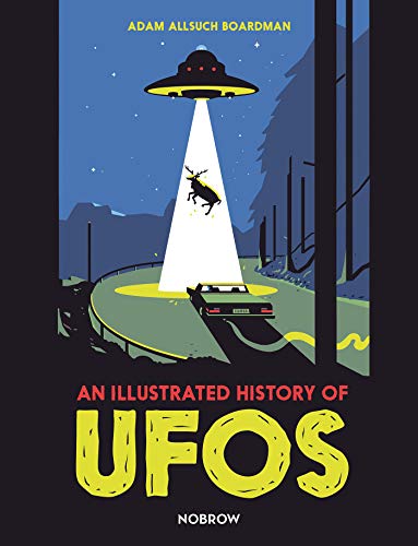 Book cover showing a UFO beaming a deer above a car on a road.