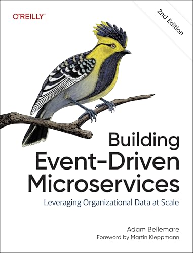 Book cover with a yellow-crested bird and text: "Building Event-Driven Microservices".