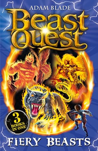 Book cover showing a boy fighting three fiery monsters against a blue lightning background.