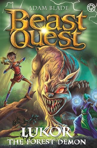 Book cover: boy, large demon creature, and wizard in a forest scene.