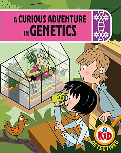 Children with magnifying glass observe a greenhouse and scientist.
